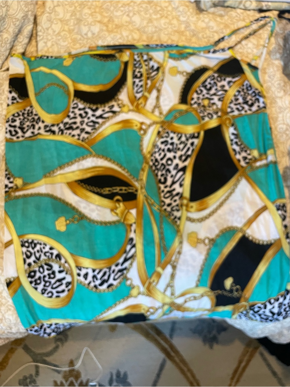 Bold Teal and Gold Chain Print bathing suit cover up